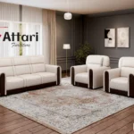 Attari Cream Leatherette Sofa Set Quilted Sides