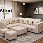 Attari Cream Velvet U Shaped Sectional Corner Sofa