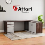 Attari L Shaped Dark Wood Office Desk Grey Drawers