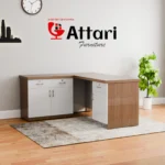 Attari L Shaped Light Wood Office Desk White Cabinet