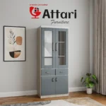Attari Modern Blue Grey Bookshelf with Glass Doors & Drawers