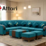 Attari Turquoise Blue Fabric L Shaped Sectional Sofa
