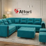 Attari Turquoise Blue Velvet L Shaped Sectional Sofa