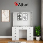 Attari White Vanity Desk Glass Top Eleven Drawers Lighted Mirror