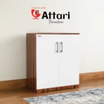 Attari Wood & White Two Door Shoe Cabinet Silver Handles